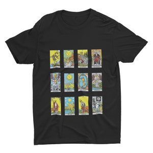 Camiseta de tarô com múltiplas cartas, camiseta de tarô major arcana, arte de tarô, camiseta gráfica, camiseta unissex de manga curta com manga curta