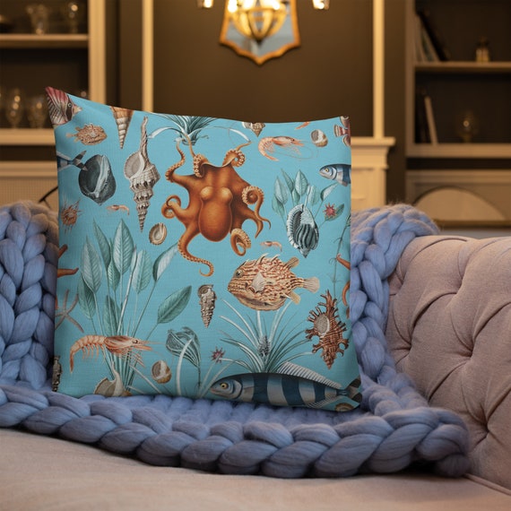 海洋生物刺繍クッション 長方形 刺繍図案配布］深海生物の刺繍と