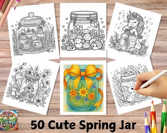 Bold and Easy Coloring Pages, Cute Spring Jar Coloring Book, Floral Spring Forest Jars Coloring, Relaxing Activity for Adults Print Pdf