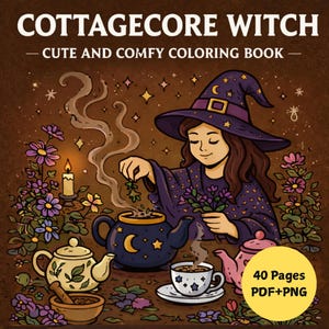 Cottagecore Witch Coloring Pages, Cozy Forest and Potions – 40 Printable Pages for Kids & Adults, Instant Digital Download, Bold and Easy