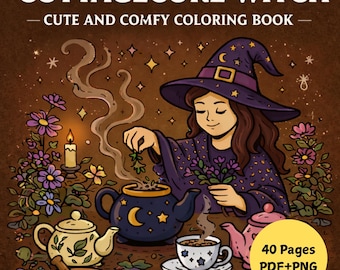 Cottagecore Witch Coloring Pages, Cozy Forest and Potions – 40 Printable Pages for Kids & Adults, Instant Digital Download, Bold and Easy