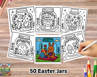 Bold and Easy Coloring Book, Cute Easter Jar Coloring Pages, Floral Easter Forest Jars Coloring, Relaxing Activity for kids and Adults pdf