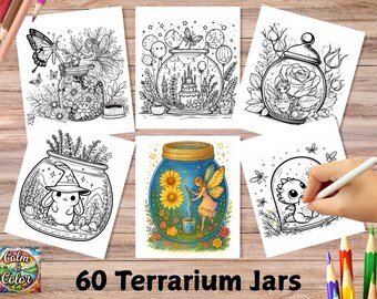 Libro para colorear fácil y atrevido, páginas para colorear de terrarios, adorable bosque encantado kawaii para colorear, actividad relajante para adultos imprimible
