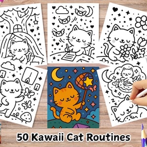 Pode incluir: Um conjunto de 50 páginas para colorir imprimíveis com adoráveis gatos kawaii em várias atividades. As páginas são em preto e branco e apresentam uma variedade de desenhos, incluindo gatos dormindo, brincando, comendo e muito mais. As páginas são perfeitas para crianças e adultos que amam colorir.