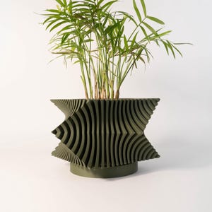 Puede incluir: Una maceta geométrica verde con un diseño único en capas. La maceta contiene una exuberante planta verde con hojas largas y delgadas. La maceta tiene una base redonda y una forma de estrella. La estética general es moderna y elegante.