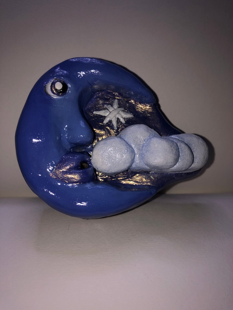 Blue Half Moon With Face Clay Incense Holder
