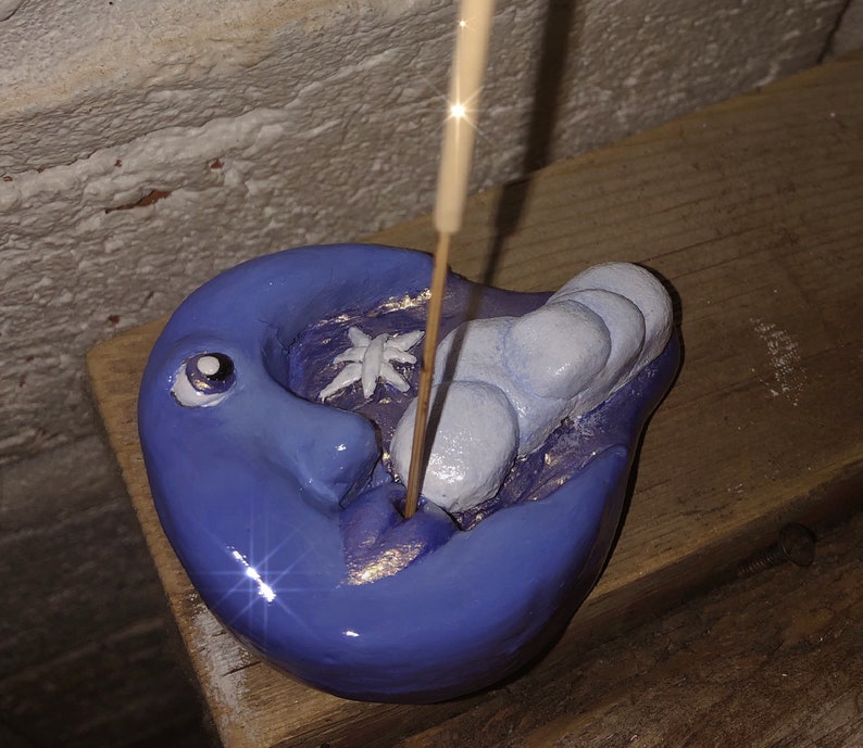 Blue Half Moon With Face Clay Incense Holder