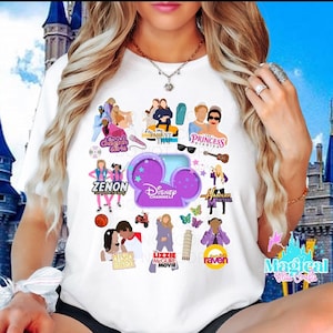 May include: White t-shirt featuring a collage of Disney Channel movie and show graphics, including "Zenon," "The Parent Trap," and "Hannah Montana." The shirt has a large Disney Channel logo in the center, with a castle background.