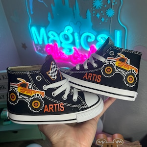Converse personalizadas com tema Monster Truck, todos os modelos de caminhões, Monster Trucks para meninas e meninos.