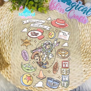 May include: A clear sheet with colorful cartoon graphics of characters and elements from the movie Toy Story. Includes Buzz Lightyear, Woody, a hat, and the text "You've got a friend in me."