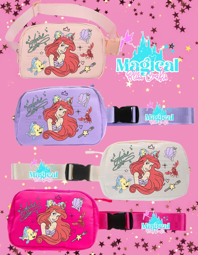May include: Four colourful fanny packs featuring Ariel from The Little Mermaid, with Flounder and Sebastian. Each bag is a different colour: pink, lavender, white, and hot pink. The bags have adjustable straps and the text "Magical Bliss Crafts".