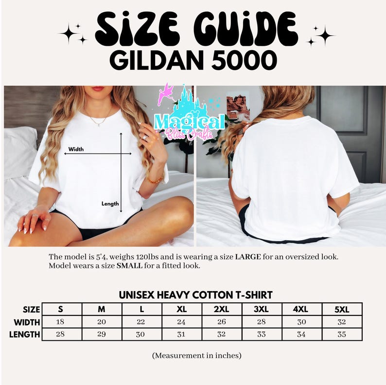 Peut inclure: Guide des tailles pour un t-shirt unisexe en coton lourd Gildan 5000. L'image montre un t-shirt blanc avec des mesures en pouces. Le mod&egrave;le mesure 163 cm et p&egrave;se 54 kg, portant une taille Large pour une coupe ample et Small pour une coupe ajust&eacute;e.