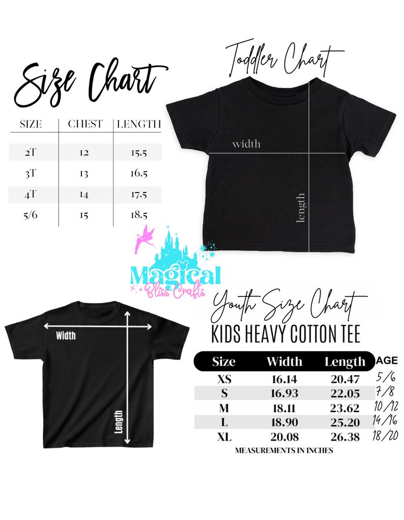 Peut inclure: Tableau des tailles pour t-shirts pour tout-petits et jeunes. Le tableau indique les mesures de la poitrine et de la longueur en pouces pour les tailles de tout-petits 2T, 3T, 4T et 5/6. Le tableau des tailles pour jeunes indique les mesures de la largeur et de la longueur en pouces pour les tailles XS, S, M, L et XL. Le tableau comprend &eacute;galement les tranches d'&acirc;ge correspondantes.