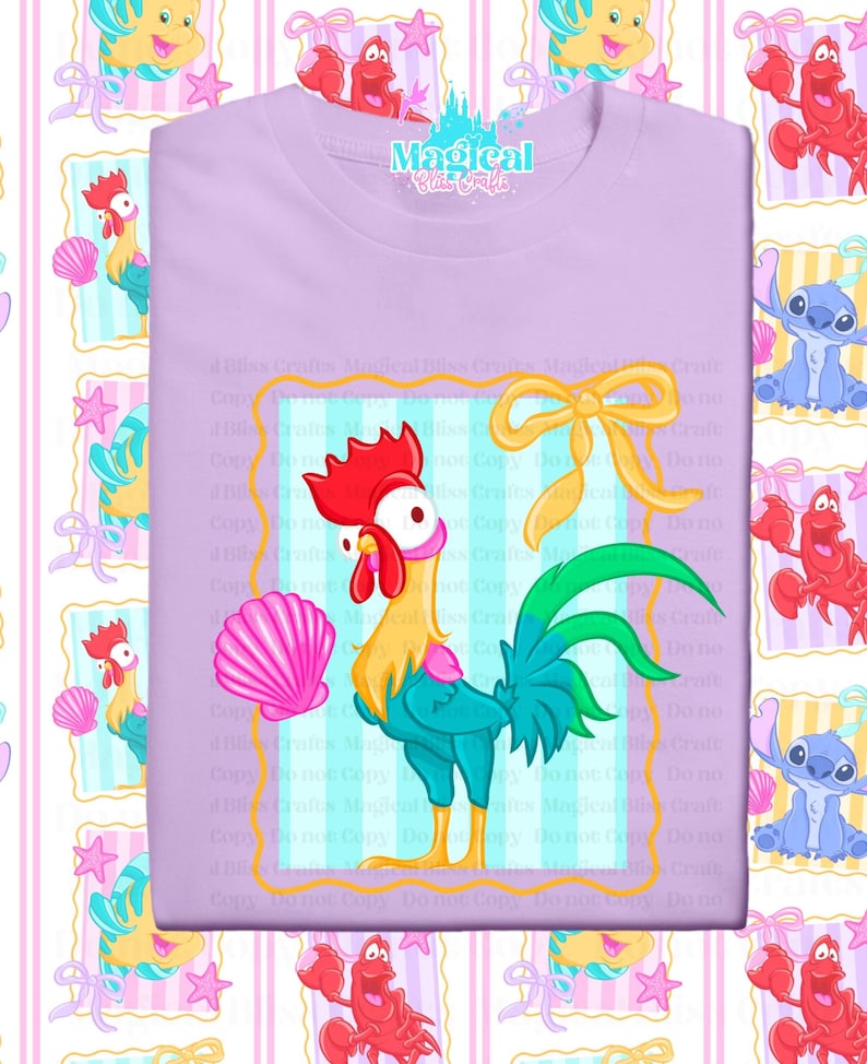 May include: A light purple t-shirt featuring a cartoon rooster with a red comb, yellow beak, and teal body. A pink seashell and yellow bow are also on the shirt. The shirt has the text "Magical Miss Crafts" at the top.