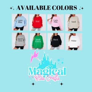 Puede incluir: Imagen que muestra sudaderas de cuello redondo en varios colores: azul claro, rojo, rosa claro, arena, gris deportivo, verde irland&eacute;s, negro y blanco. El texto "AVAILABLE COLORS" est&aacute; en la parte superior. El logotipo de Magical Bliss Crafts est&aacute; en la parte inferior.