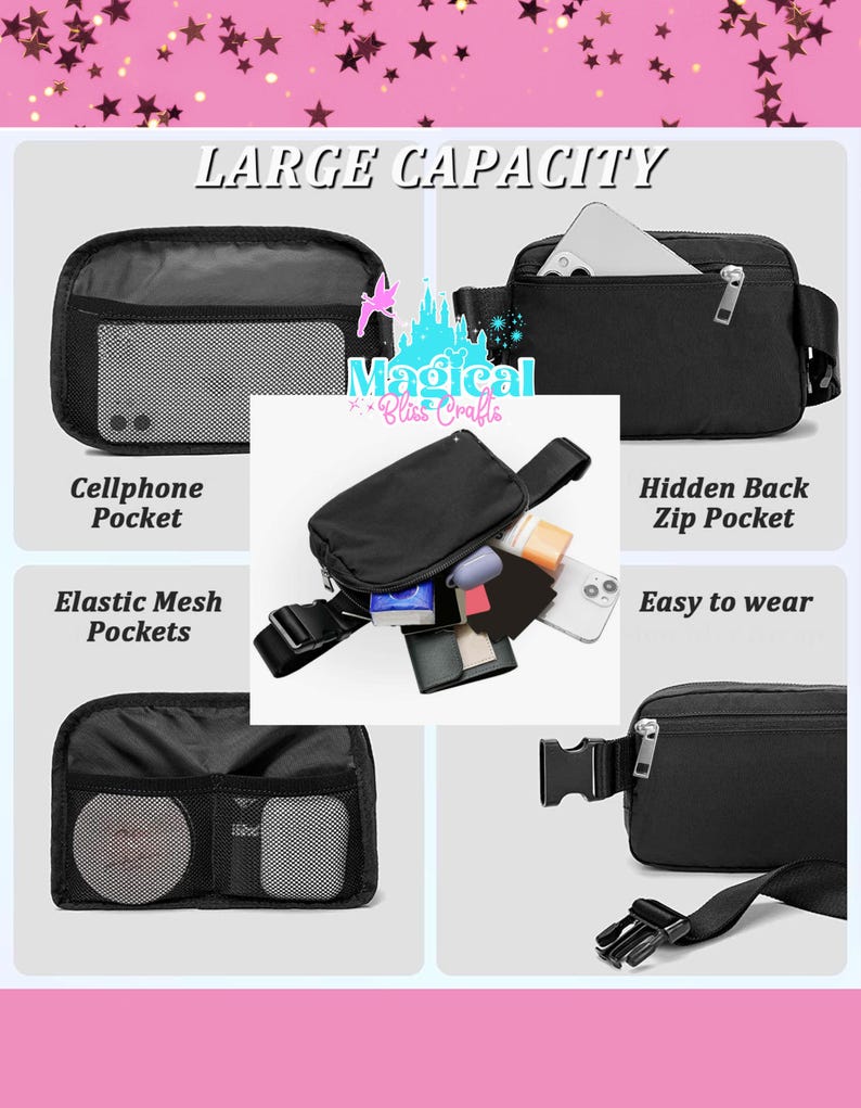 Pode incluir: Cinto de cintura preto com v&aacute;rios compartimentos, incluindo um bolso para telem&oacute;vel, bolsos de malha el&aacute;stica e um bolso traseiro com z&iacute;per oculto. O texto "LARGE CAPACITY" e "Magical Bliss Crafts" s&atilde;o vis&iacute;veis.