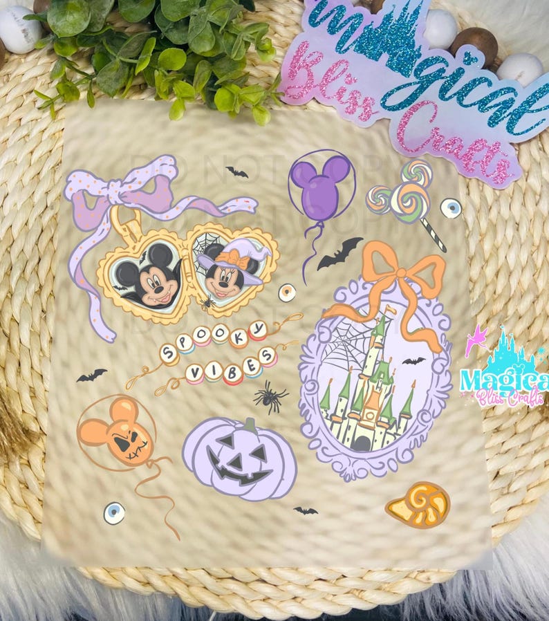 May include: A sheet of Halloween-themed stickers featuring Mickey and Minnie Mouse, a pumpkin, a castle, and the words "Spooky Vibes." The stickers are in shades of purple, orange, and gold, with a whimsical design.