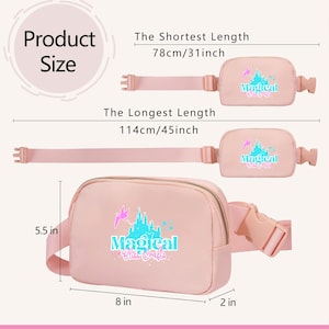 May include: A light pink fanny pack with the text "Magical Bliss Crafle" and a castle graphic. The fanny pack is 20 cm wide, 14 cm tall, and 5 cm deep. The shortest length is 78 cm, and the longest length is 114 cm.
