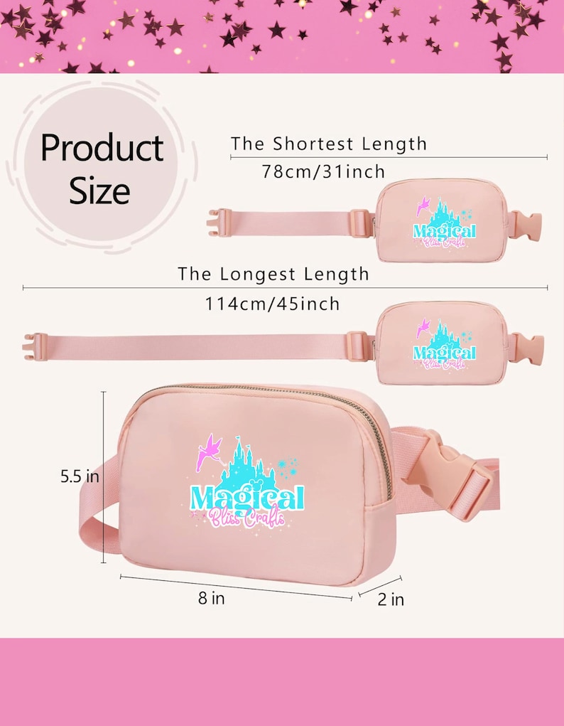 May include: A light pink fanny pack with the text "Magical Bliss Crafle" and a castle graphic. The fanny pack is 20 cm wide, 14 cm tall, and 5 cm deep. The shortest length is 78 cm, and the longest length is 114 cm.