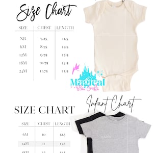 Peut inclure: Un body et des t-shirts pour b&eacute;b&eacute;s blancs, noirs et gris sont pr&eacute;sent&eacute;s avec des tableaux des tailles. Les tableaux indiquent les mesures de la poitrine et de la longueur en cm pour les tailles NB &agrave; 24M. Le texte "Magical Bliss Crafts" est &eacute;galement visible.