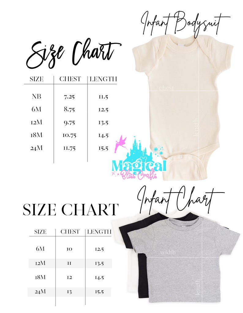 Peut inclure: Un body et des t-shirts pour b&eacute;b&eacute;s blancs, noirs et gris sont pr&eacute;sent&eacute;s avec des tableaux des tailles. Les tableaux indiquent les mesures de la poitrine et de la longueur en cm pour les tailles NB &agrave; 24M. Le texte "Magical Bliss Crafts" est &eacute;galement visible.