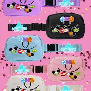 May include: A collection of colorful fanny packs in various shades, including purple, black, blue, pink, and white. Each pack features a cartoon design with a bow, mouse ears, and character graphics. The adjustable straps have the text "Magical Bliss Crafts".