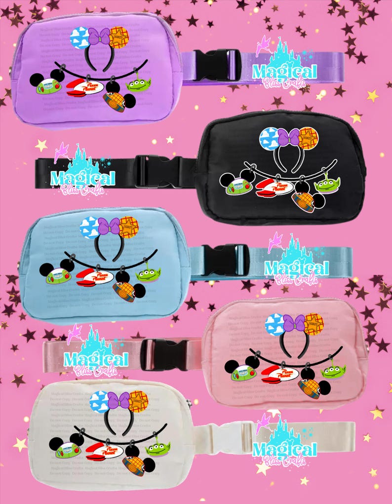 May include: A collection of colorful fanny packs in various shades, including purple, black, blue, pink, and white. Each pack features a cartoon design with a bow, mouse ears, and character graphics. The adjustable straps have the text "Magical Bliss Crafts".
