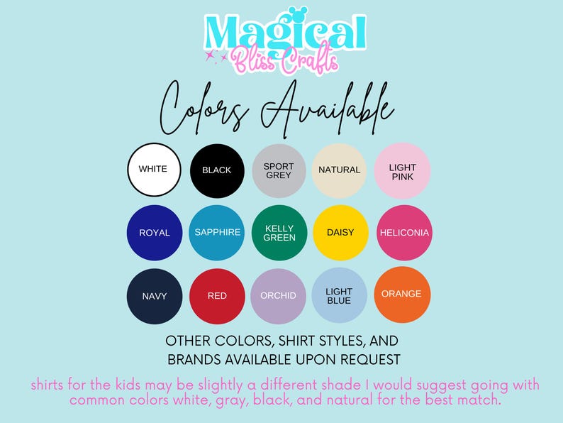 Peut inclure: Graphique pr&eacute;sentant un nuancier avec le texte &laquo; Couleurs disponibles &raquo; et le logo &laquo; Magical Bliss Crafts &raquo;. Le nuancier affiche 16 options de couleurs, dont le blanc, le noir et le bleu marine, dans une vari&eacute;t&eacute; de nuances.