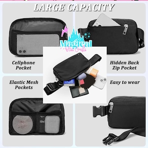 May include: Black fanny pack with multiple compartments, including a cellphone pocket, elastic mesh pockets, and a hidden back zip pocket. The text "LARGE CAPACITY" and "Magical Bliss Crafts" are visible.