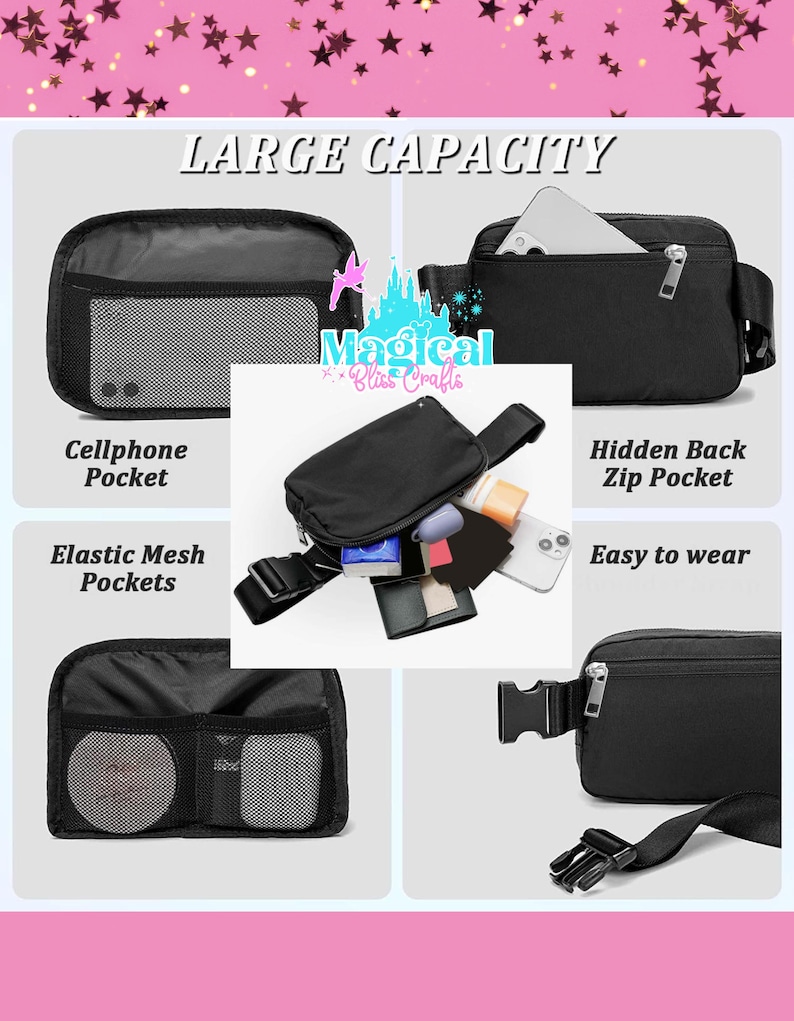 May include: Black fanny pack with multiple compartments, including a cellphone pocket, elastic mesh pockets, and a hidden back zip pocket. The text "LARGE CAPACITY" and "Magical Bliss Crafts" are visible.
