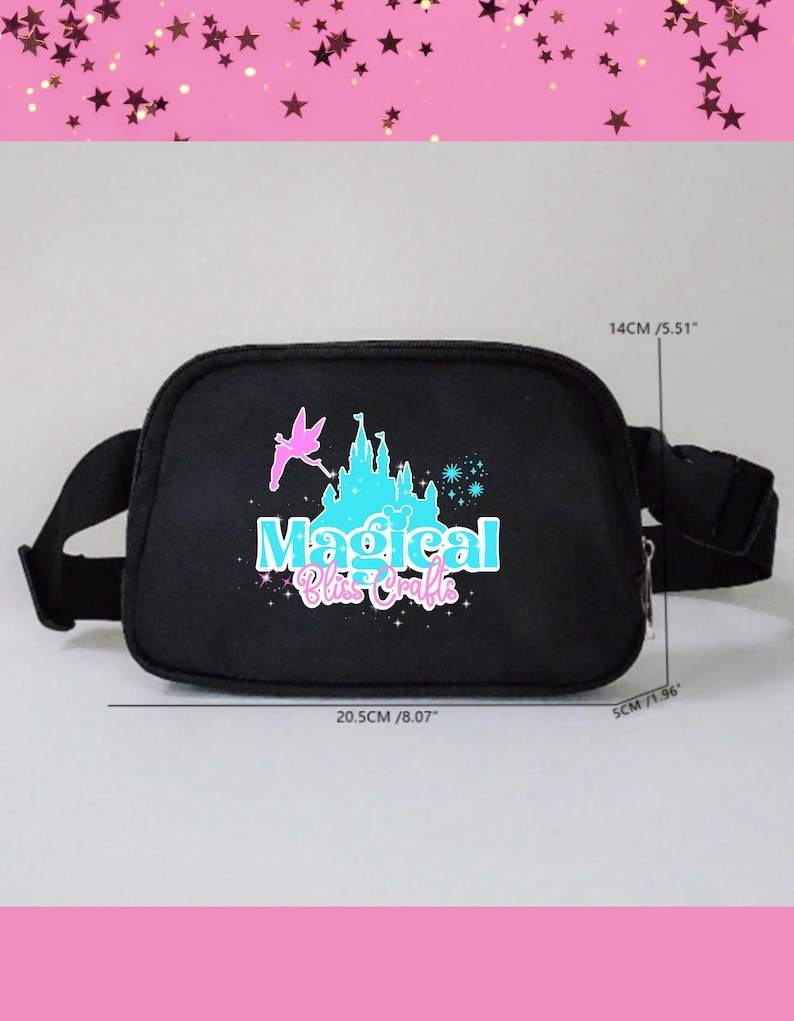May include: Black fanny pack with a colorful graphic that reads "Magical Bliss Crafts". The design includes a castle, fairy, and stars. The fanny pack measures 20.5 cm (8.07 inches) long, 14 cm (5.51 inches) high, and 5 cm (1.96 inches) deep.