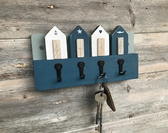 Beach huts key hanger with metal hooks, Key organiser, Key hooks