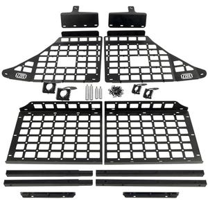 Peut inclure: Ensemble de composants de rangement de véhicule en métal noir, comprenant des panneaux à motif quadrillé, des supports de montage et de la visserie. Conçu pour l'organisation et le stockage dans un véhicule.