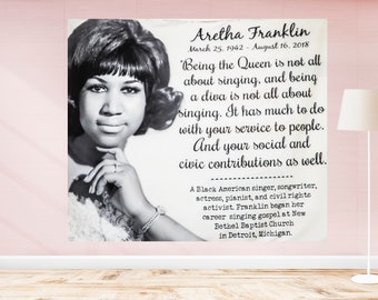 Aretha Franklin Wall Tapestry, Black History Art, Detroit, Detroit Icons, Queen of Soul Collectible Art Hanging, Black and White Backdrop