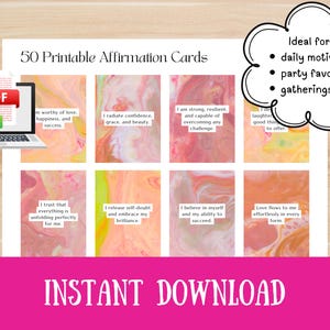 50 Printable Affirmation Cards: Daily Motivation, Self-Care (Digital Download)