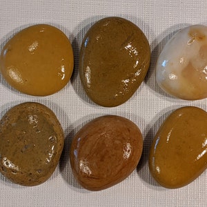 May include: Six smooth, polished stones in various shades of brown, tan, and white. The stones are arranged in two rows of three.