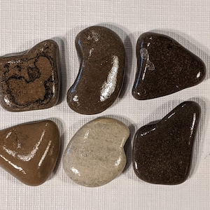 May include: Six smooth, polished stones in various shades of brown and beige. The stones are irregularly shaped and have a glossy finish.