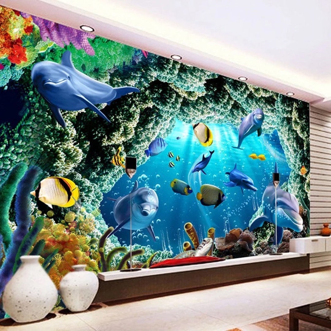 Ocean Dolphin Wallpaper Wallpaper Mural Underwater Coral - Etsy UK