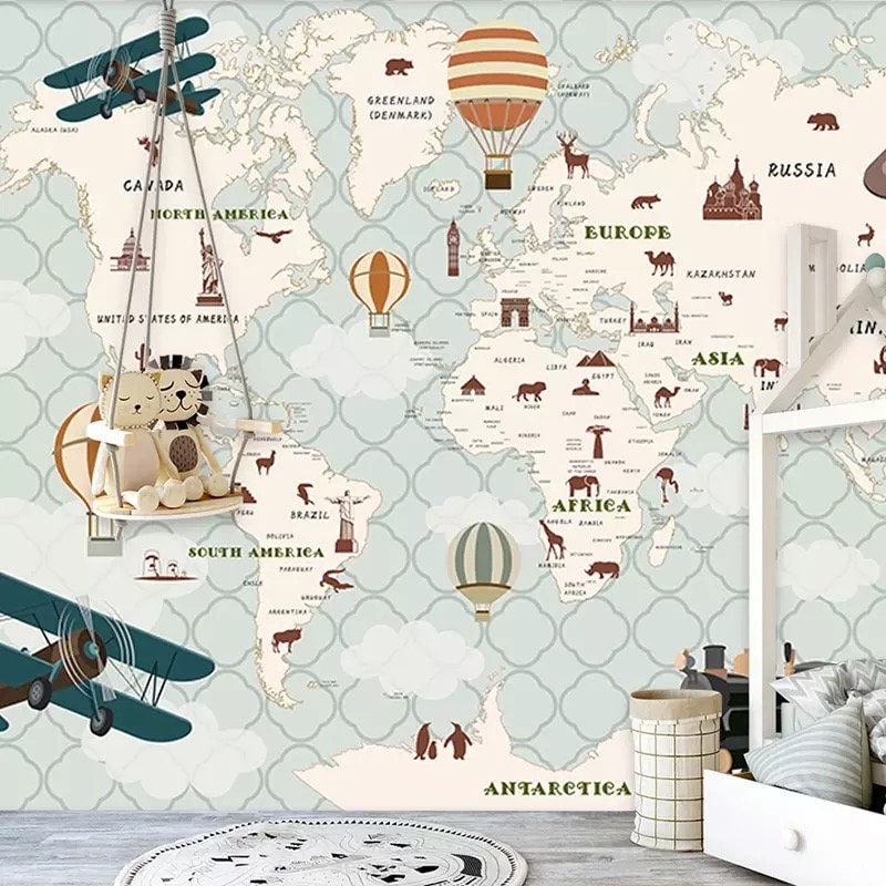 Kids World Map Globe Wallpaper Wallpaper Mural Hot Air Etsy UK