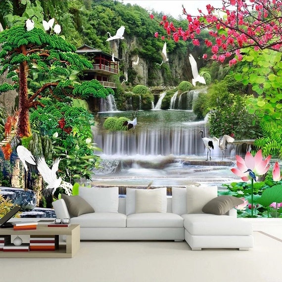 Custom 3D Wall Mural Wallpaper Home Decor Green Mountain Waterfall Landscape New 
