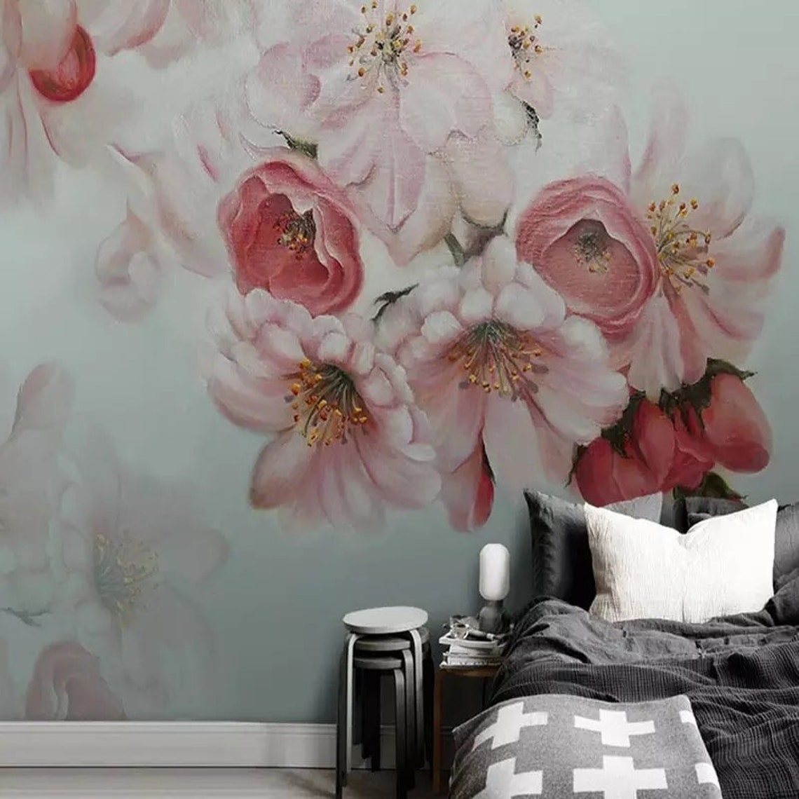 Pink Floral Wallpaper Floral Wall Mural Flowers Wallpaper Etsy