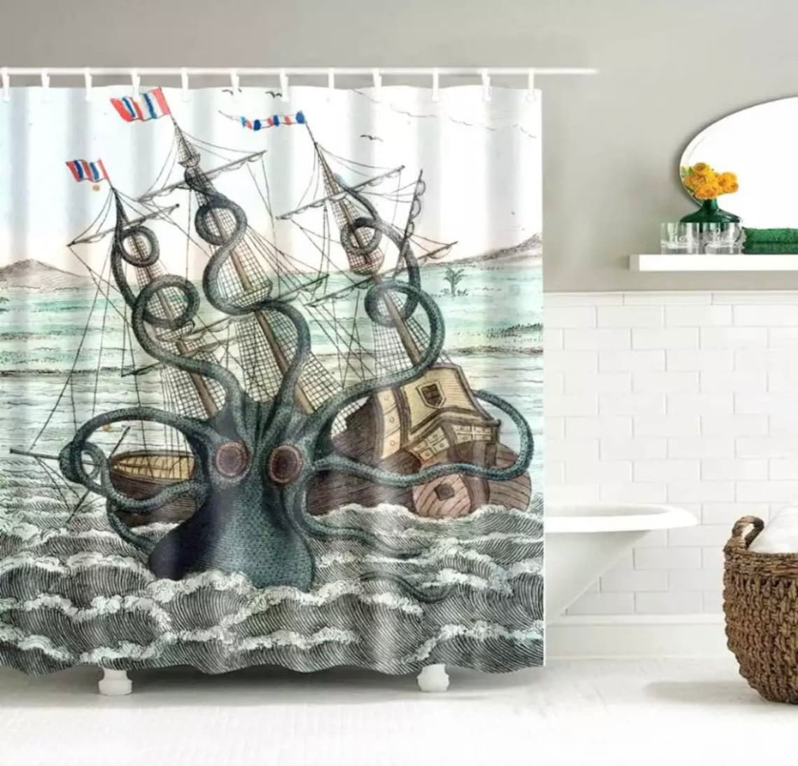 Oktopus Duschvorhang Mit Ozean-Motiv – 180x180 Cm, Polyester, Inkl. 12 Haken