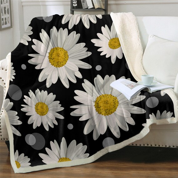Fleece Blanket, Daisy Throw Sherpa Throw Black Blanket Black Throw Floral Throw Daisy Blanket Sherpa Blanket Floral Blanket