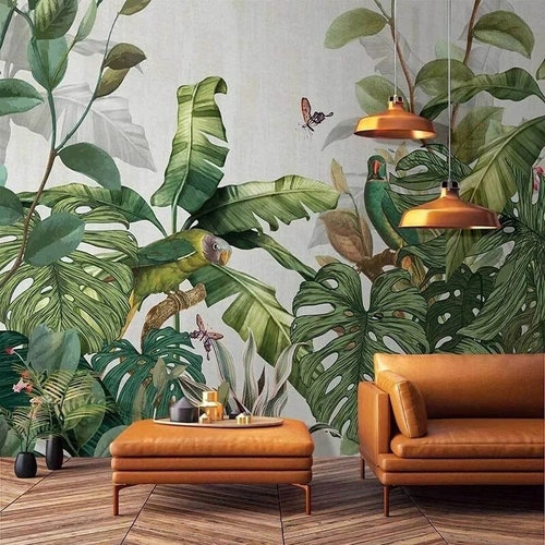 Hanging Tropical Leaves Wallpaper Wall Mural Beautiful Etsy