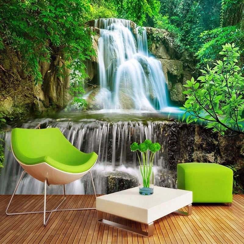 Waterfall Wallpaper Waterfall Wall Mural Nature Forest Etsy