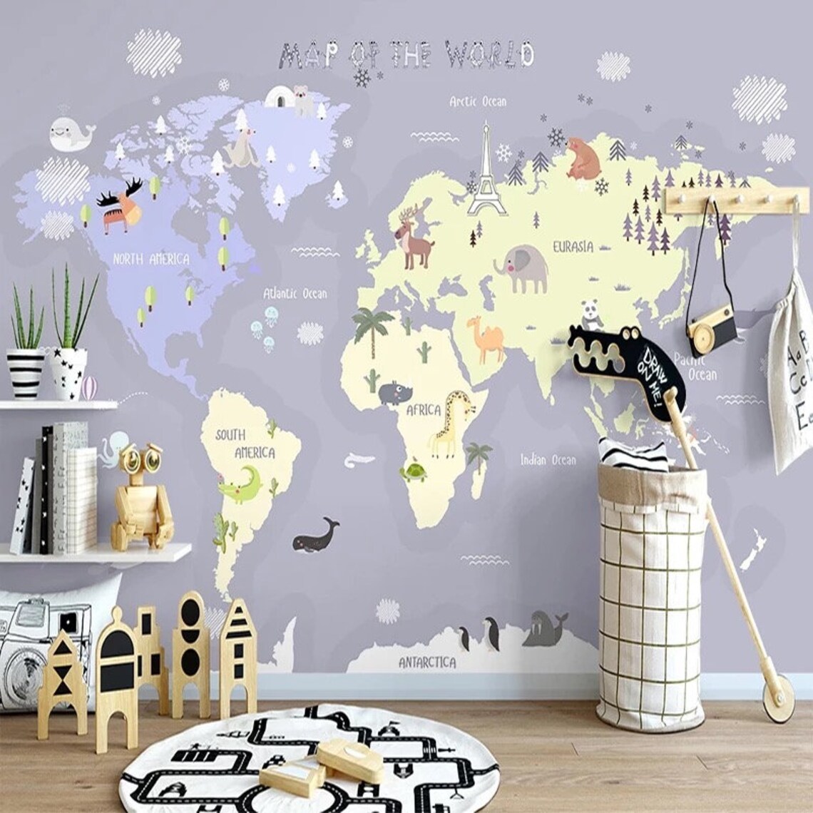 World Map Wall Mural Globe Geography Map Kids Wallpaper Etsy UK