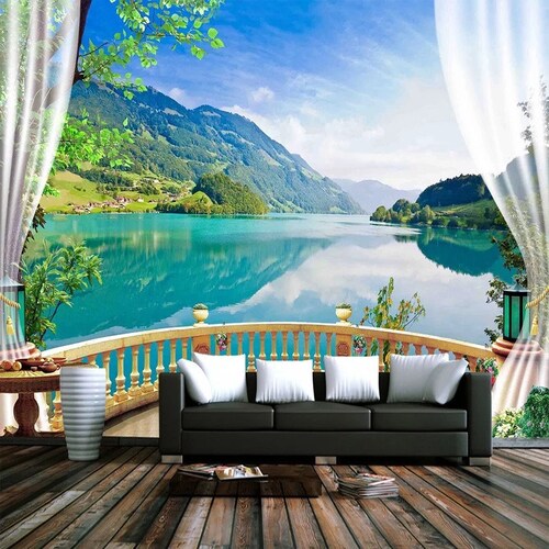 Scenic View Lake Wallpaper Lake Wall Mural Mountains - Etsy Scenic View Lake Wallpaper Lake Wall Mural Mountains - Etsy