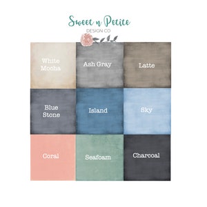 May include: A color chart with nine different paint colors. The colors are: White Mocha, Ash Gray, Latte, Blue Stone, Island, Sky, Coral, Seafoam, and Charcoal.