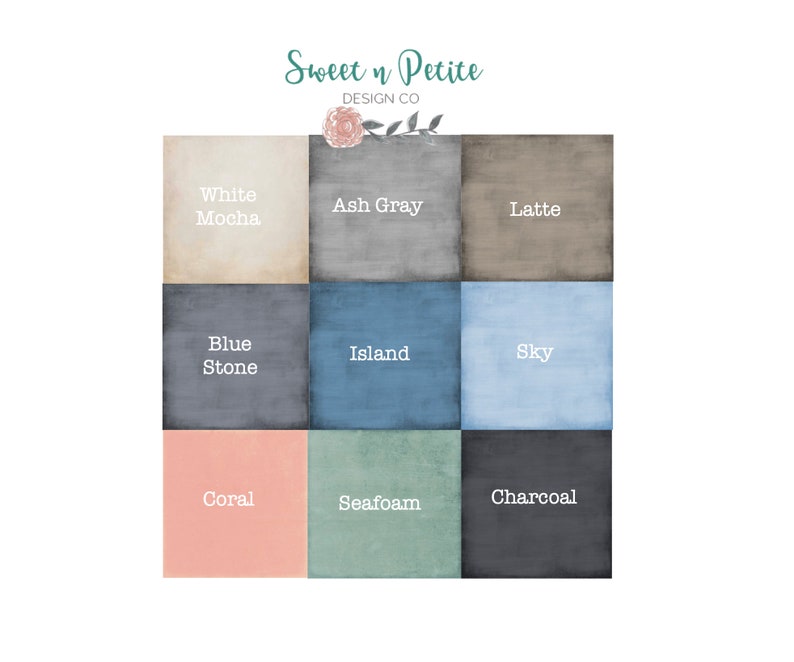 May include: A color chart with nine different paint colors. The colors are: White Mocha, Ash Gray, Latte, Blue Stone, Island, Sky, Coral, Seafoam, and Charcoal.