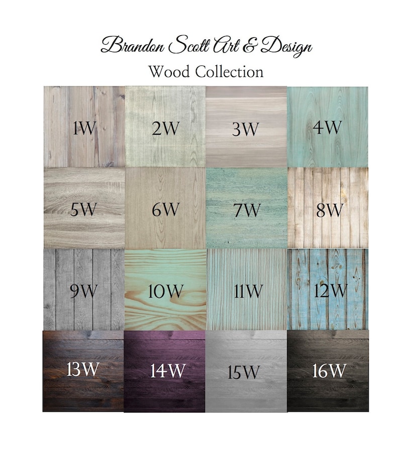 May include: A collection of 16 wood samples, labeled 1W through 16W, showcasing different wood grains and colors. The wood samples are arranged in a grid pattern.
